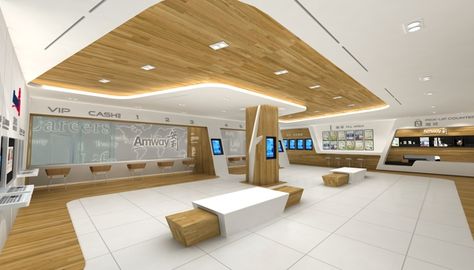 Amway show room by carmen leung, via Behance Showroom Lighting, Hospital Signage, Doctor Office Design, Urban Office, Meeting Room Design, Corporate Interior Design, Indian Home Interior, Corporate Interiors, Electronic Shop