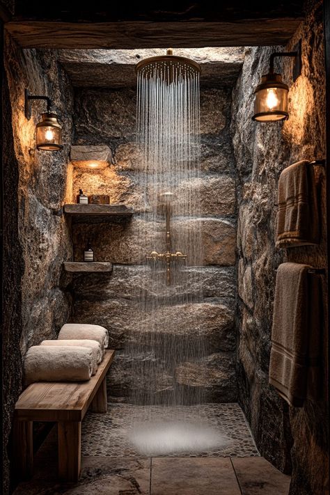 29 Little Cabin Bathroom Ideas That Make Small Spaces Shine 3 Stone Cottage Bathroom, Cottage Walk In Shower Ideas, Small Stone Shower Ideas, Rustic Master Bath Shower Ideas, Cave Shower Ideas, Bathrooms With Stone Walls, Stone Floor Shower Ideas, Rustic Wooden Bathroom Vanity, Cave Bathroom Design