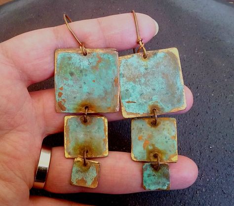 Three copper squares earrings have been oxidized with verdigris patina and give this unique antique finish.  Ear hooks are made by me using 18g copper wire or 925 silver wire. Super light weight. All my jewelry coated with protective wax finish to prevent tarnish. Lenght from the bottom to the hook 3.9 inches / 10 cm *Shades of patina vary due to the organic chemistry of the patina process. Colors can range from light to dark green. I have no control over this shade variation so please understan Patina Jewelry, Tin Jewelry, Patina Earrings, Hammered Jewelry, Earrings Square, Metalwork Jewelry, Soldering Jewelry, Green Patina, Metal Clay Jewelry