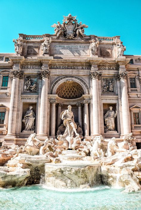 "The iconic Roman monument - the Trevi Fountain- caught on a beautiful sunny day. A Nikon D3300 was used to capture this picture. Original photo size is 8.7 MB, which should do well with any stretched, canvas print even to 48\" x 30\". Download will include original photo." Italian Statues, Trastevere Rome, Rome Photo, History Wall, Beautiful Sunny Day, Nikon D3300, Italy Rome, Italy Aesthetic, City Pictures