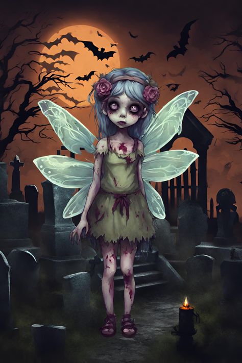 Halloween fairy zombie in a spooky graveyard at night. Fairy Pfp, Cartoon Zombie, Fairy Adventure, Anime Zombie, Halloween Banners, Witch Skeleton, Graveyard Halloween, Spooky Graveyard, Zombie Cartoon