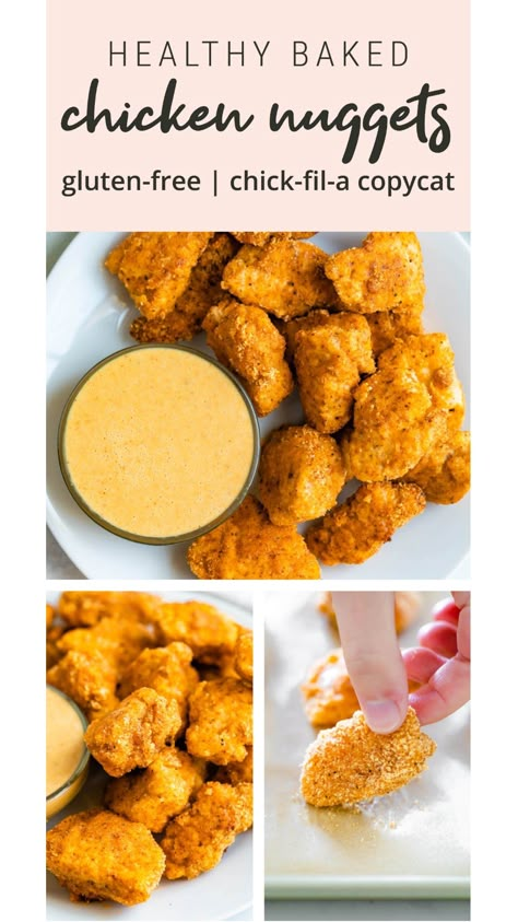 THE BEST HEALTHY Chick-Fil-A copycat chicken nuggets. These homemade nuggets are gluten-free, and easily baked right at home! #chickennuggets #chickfila Gluten Free Baked Chicken, Baked Caprese Chicken, Perfect Baked Chicken, Healthy Chicken Nuggets, Chick Fil A Nuggets, Baked Chicken Nuggets, Homemade Chicken Nuggets, Healthy Baked Chicken, Easy Grilled Chicken