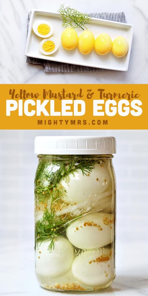 Mustard and Turmeric Yellow Pickled Eggs - This simple and delicious recipe is a great way to use up hard boiled Easter eggs! Inspired by Dutch PA Amish pickled eggs, these are easy to make homemade, no canning skills required. Everything marinates in the refridgerator. You'll need dill, mustard seed, turmeric, onion, garlic, sugar, pickling salt, white vinegar and eggs of course. Use a wide mouth mason jar for storage. Easy and yummy as a salad topping, healthy snack, or breakfast on the go. Mustard Pickled Eggs Recipe, Pickled Sweet Peppers, Picked Eggs, Pickled Eggs Recipe, Turmeric Yellow, Honey Mustard Vinaigrette, Mustard Pickles, Pickled Eggs, Salad Toppings