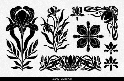 Floral iris set in art nouveau 1920-1930. Hand drawn in a linear style with weaves of lines, leaves and flowers. Stock Vector Art Nouveau Flowers Illustration, Art Nouveau Border, Nouveau Border, Art Deco Black And White, Motifs Art Nouveau, Nouveau Tattoo, Art Deco Elements, Iris Art, Border Vector