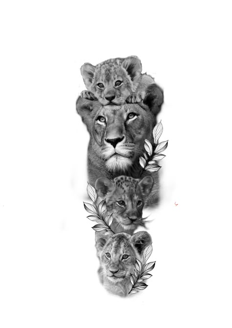 Lion And 3 Cubs Tattoo, 3 Cubs Tattoo, Lion With Cubs, Tattoo Lioness, Lioness And Cub Tattoo, Family Sleeve Tattoo, Lion Cub Tattoo, Cub Tattoo, Tiger Head Tattoo