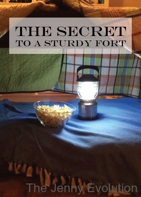 The Secret to a Sturdy Blanket Fort- Perfect for Kids - Won't fall down! | The Jenny Evolution Diy Blanket Fort, Living Room Fort, Indoor Forts, Diy Fort, Cool Forts, Blanket Forts, Easy Blanket, Kids Forts, Blanket Fort