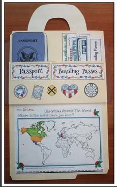 Geography & Travel Activities: Cute interactive file folder suitcase or briefcase. Holds students' work. December Writing Prompts, Travel Theme Classroom, December Writing, Gingerbread Activities, Around The World Theme, Suitcase Stickers, Geography Activities, Homeschool Geography, Christmas Around The World