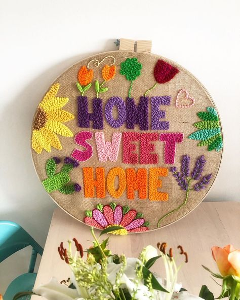 Colour & Spirit on Instagram: “home sweet home ♥️” Crochet Framed Art, Punch Needle Aesthetic, Punch Sablon, Home Sweet Home Embroidery, Punchneedle Embroidery, Punch Needling, Punch Embroidery, Embroidery Pillow, Decor Crochet