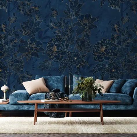 Dark Navy Peony Floral Drawing Art Wallpaper Mural Snug Ideas, Navy Peony, Map Wallpaper, Drawing Wallpaper, Chinoiserie Wallpaper, Dark Flowers, Floral Drawing, Botanical Wallpaper, Dark Floral