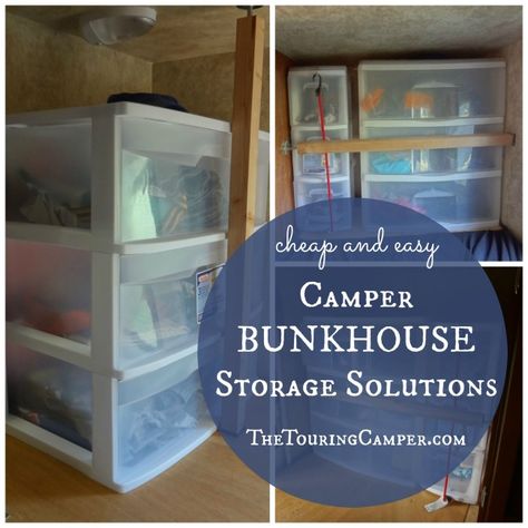 Camper organization: A simple and inexpensive way to organize clothes and keep the camper bunkhouse tidy. #thetouringcamper Kids Clothes Storage In Travel Trailer, Clothes Storage In Camper, Rv Top Bunk Storage Ideas, Rv Bunkhouse Storage Ideas, Camper Clothing Storage, Camper Clothes Storage, Tent Organization, Bunkhouse Camper, Camping Desert