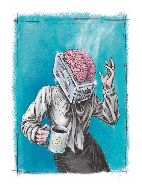 A little illustration about burnout. You can buy it on Redbubble at redbubble.com/people/KConradArt. I'm also available for freelance, check out my portfolio at kconrad.myportfolio.com #workingartist #editorialart #illustration #brain #office #workplace #humor #funny #weirdart #teal #burnout #burntout #toaster #photoshop #comicbookstyle #mentalhealth #art #wallart Burn Out Artwork, Academic Burnout Art, Burnout Drawing, Burnout Artwork, Problem Solving Illustration, Burnout Illustration, Art Burnout, Stressed Out Sketch, Burnout Art