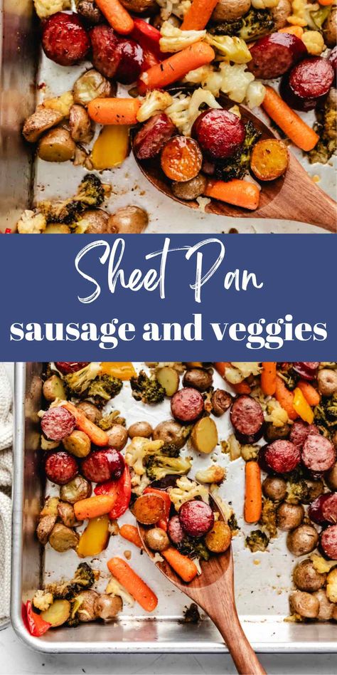 Sheet pan sausage and veggies is an easy dinner recipe that turns roast veggies like broccoli and cauliflower and sausage (kielbasa) into a simple but delicious healthy meal. Sheet Pan Sausage And Veggies, Pan Sausage And Veggies, Sausage And Vegetables, Sheet Pan Sausage, Herb Marinade, Sausage And Veggies, Sausage Potato, Smoked Sausage Recipes, Sheet Pan Suppers