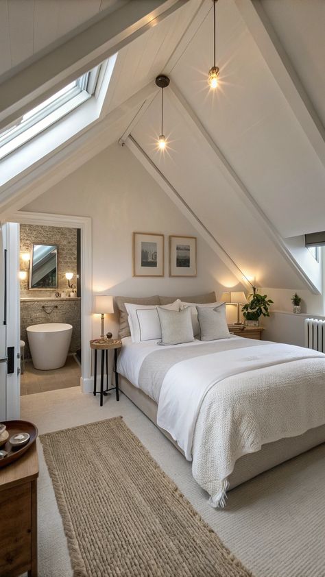 Small Attic Room Ideas Small Attic Room Ideas Slanted Walls, Lofted Bedroom Ideas, Attic Room Ideas Cozy Spaces, Minimalist Guest Bedroom, Angled Ceiling Bedroom, Small Attic Bedroom Designs, Eaves Bedroom, Small Attic Room Ideas, Attic Guest Room