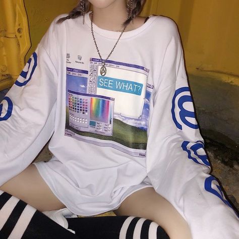 Vaporwave Outfit, Vaporwave Fashion, Vaporwave Clothing, Oversized White T Shirt, Long White T Shirt, Aesthetic Hoodies, Harajuku Aesthetic, Computer Desktop, Mode Vintage