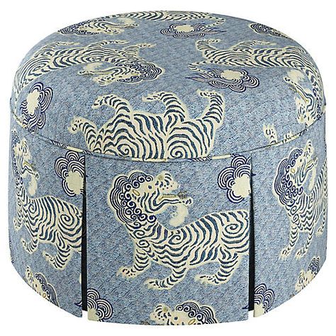 Skirted Ottoman, Chinoiserie Pattern, Elephant Logo, Luxury Home Furniture, Blue Lion, Round Ottoman, Ottoman In Living Room, Upholstered Ottoman, Pillow Top