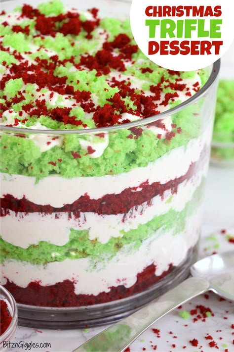 Christmas Trifle Dessert - A festive Christmas layer dessert made with crumbles of white cake and a sweet creamy filling! #bitzngiggles #Christmas #trifle #dessert #holiday Christmas Trifle Recipes, Wacky Cake Recipe, Layer Dessert, Trifle Bowl Recipes, Trifle Dessert Recipes, Christmas Trifle, Dessert Holiday, Xmas Desserts, Trifle Recipes