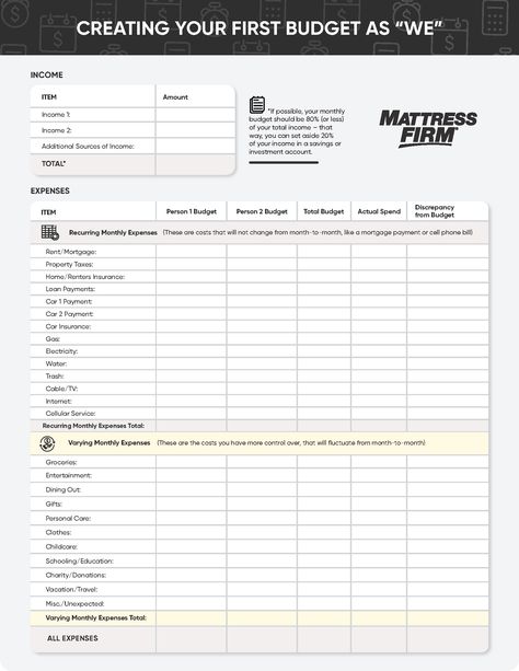 mattress firm budget tracker for couples Couple Saving Money, Apartment Decorating For Couples, First Apartment Tips, Budget Worksheet, Apartment Decorating On A Budget, Kitchen Organization Diy, Shed Plan, Saving Money Budget, Sleep Mattress