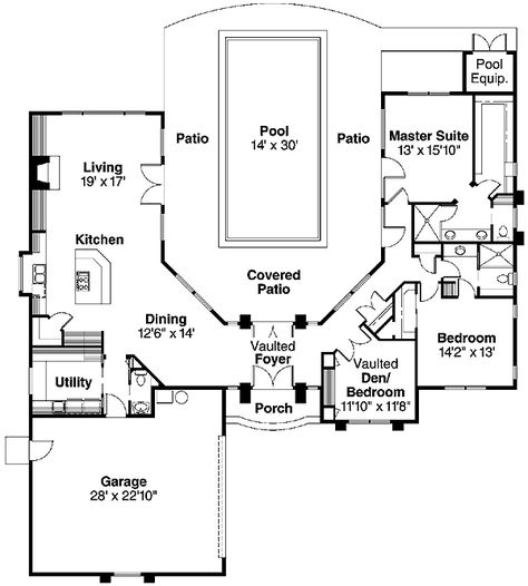 U Shaped House Plans, U Shaped Houses, Shaped House, Pool Garage, Courtyard Home, Courtyard Pool, Mediterranean House Plan, Pool House Plans, Mediterranean House Plans