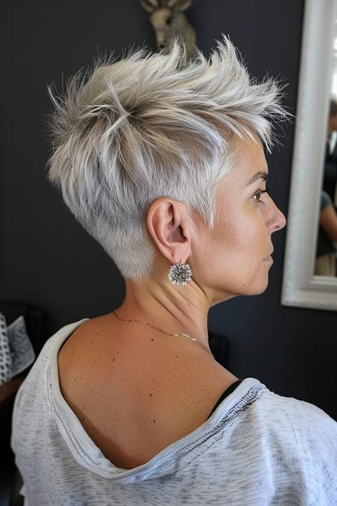 50 short gray hairstyles Ideal For Older Women In 2025 Short Spiky Hairstyles For Women Over 50, Short Hair Back View Pixie, Short And Sassy Haircut, Silver Pixie Cut, Vintage Pixie Cut, Short Gray Hairstyles, Short Hair Back View, Silver Pixie, Short Spiky Haircuts