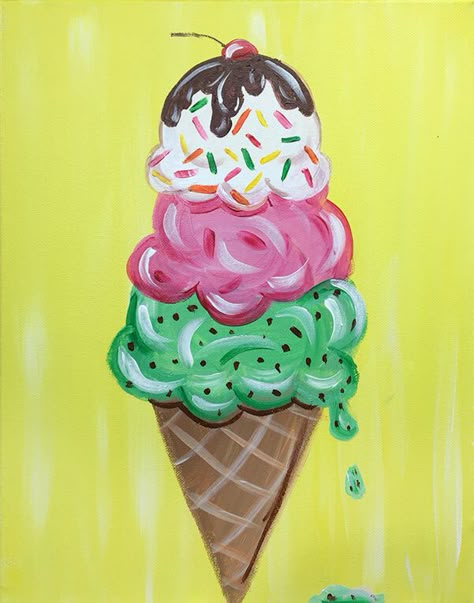 Chose your favorite piece from our painting gallery for your next event! Ice Cream Cone Drawing, Ice Cream Painting, Cupcake Painting, Kids Canvas Painting, Paint Night Ideas, Kids Canvas Art, Paint Party Ideas, Sip And Paint, Paint Parties