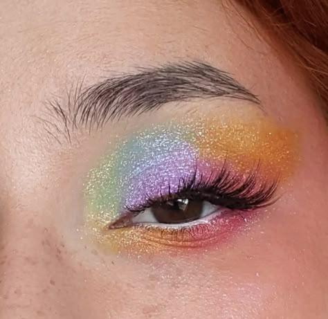 Multi Colored Eyeshadow, Pride Blush Makeup, Playful Eye Makeup, Fun Colorful Eye Makeup, Rainbow Makeup Looks Easy, Chappell Roan Concert Makeup, Pride Inspired Makeup, Rainbow Blush Makeup, Pride Makeup Ideas Simple