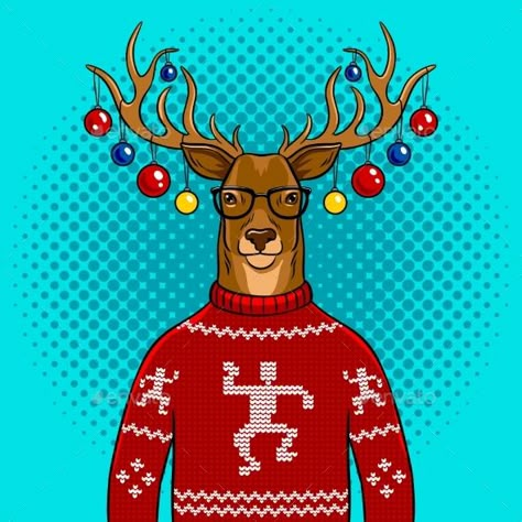 Christmas deer in sweater with human embroidery pop art retro vector illustration. Comic book style imitation. Human Embroidery, Christmas Pop Art, Ragazza Pop Art, Christmas Vector Art, Pop Art Christmas, Comic Christmas, Xmas Animals, Digital Art Christmas, Pop Art Vector