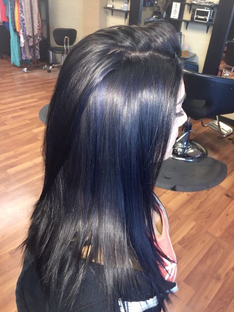 All over black with navy blue highlights Highlights With Black Hair, Navy Blue Highlights, Black Hair With Blue Highlights, Highlights On Dark Brown Hair, Blue Hair Highlights, Navy Blue Hair, Blue Black Hair, Light Blue Hair, Dark Blue Hair