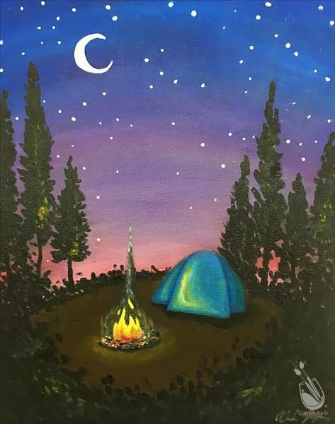 How to Paint Moonlit Campfire Campfire Painting, Nature Paintings Acrylic, Daily Illustration, Painting With A Twist, Fire Painting, Small Canvas Paintings, Painting Party, Summer Painting, Textured Canvas