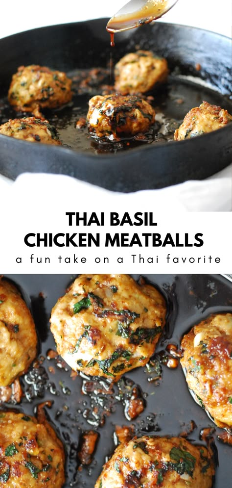 Tangy Meatballs, Thai Takeout, Thai Chicken Meatballs, Meatballs Dinner, Thai Basil Chicken, Chicken Meatball Recipes, Basil Recipes, Basil Chicken, Thai Basil