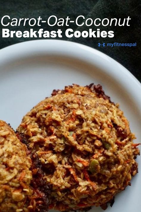 Take this fast, healthy breakfast to go with you, leave that packaged energy bar in the pantry and nab one of these breakfast cookies. These chewy, dense, super-powered cookies are pumped full of health-boosting goodies to kick off a busy day or fuel cardio day! #MyFitnessPal #breakfastcookies #healthyrecipes #breakfastrecipes #carrot #oats #coconut #cookies #healthycookies #healthybreakfast #quickrecipes #easyrecipes Carrot Breakfast Cookies, Coconut Breakfast Cookies, Healthy Breakfast To Go, Carrot Oats, Carrot Breakfast, Power Cookies, Coconut Breakfast, Fast Healthy Breakfast, Cardio Day