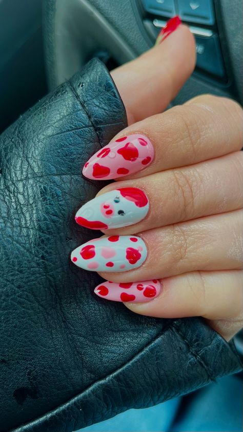 Strawberry Cow Nails Acrylic, Strawberry Cow Print Nails, Blueberry Cow Nails, Straw Berry Nails, Strawberry Cow Tattoo, Strawberry Gel Nails, Strawberry Cow Nails, Strawberry Acrylic Nails, Pink Cow Nails