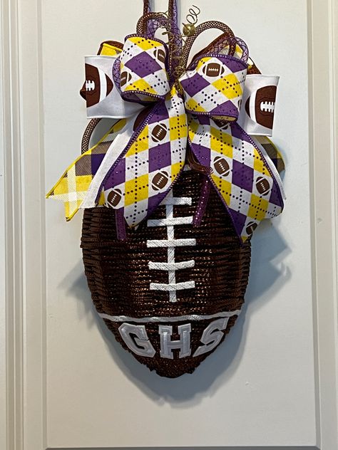 Football Dollar Tree Wreath, Dollar Tree Football Wire Wreath Form Ideas, Dollar Tree Wire Football Frame, Football Shaped Wreath Diy, Dollar Tree Wire Football Wreath, Football Wreath Diy, Football Frame, Mesh Football Shaped Wreath, Superbowl Ideas