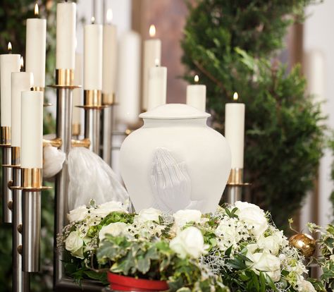 Urn Altar Ideas, Urn Memorial Display Home, Memorial Service Ideas Cremation, Flowers For Cremation Service, Cremation Urn Display, Urban Myth, Cremation Services, Praying Hands, Ceramic Hand