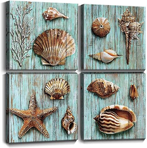 Shell Artwork, Home Wall Painting, Bathroom Wall Decor Art, Seashell Wall Art, Beach Bathroom, White Canvas Art, Kitchen Artwork, Flower Canvas Wall Art, Beach Bathroom Decor