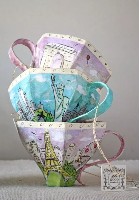 Papier Maché Tea Cups DIY - Free pattern for download Couple Projects, Paper Tea Cups, Paper Mache Projects, Ann Wood, Paper Mache Sculpture, Paper Mache Crafts, Halloween Express, Papel Mache, Fabric Birds