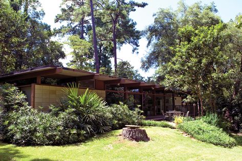 At Home in the Atomic Ranch - Tallahassee Magazine Atomic Ranch Exterior, Cracker House, Atomic Ranch, Ranch Homes, Food And Culture, Mid Century Ranch, Ranch Exterior, Post And Beam, Exposed Wood