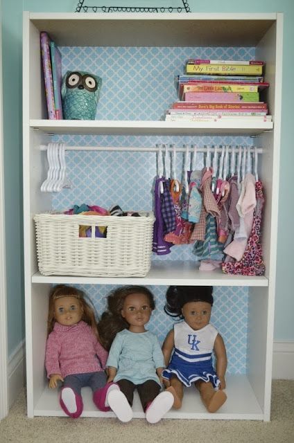 22 Brilliant American Girl Doll Storage Ideas • The Organized Dream Doll Clothes Storage Ideas, American Girl Storage, Clothes Storage Ideas, Doll Organization, Kids Clothes Storage, Style Bookshelf, Doll Storage, Baby Clothes Storage, Doll Closet