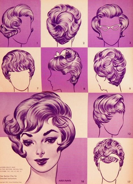 Hairstyles of 1960's Decade Hairstyles, Period Hairstyles, 1960's Hairstyles, Faces Sketch, 1965 Fashion, Cabelo Pin Up, Illustrated Ladies, Vintage Hairstyle, Pop Art Vintage