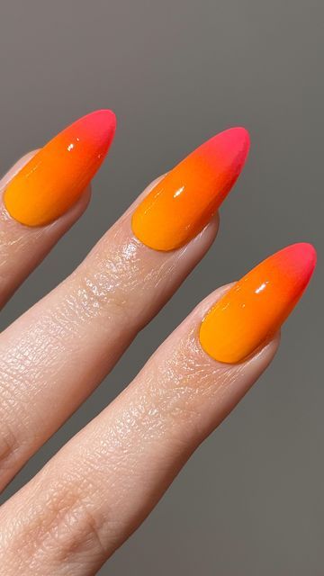 Anahi Victoria on Instagram: "sunset ombre nails 💛🧡🩷 using @lightslacquer Coney Island, Hide the Rum, Hot Stuff use code ANAHI to save🫶  #nails #nailgram #nailswatches #lacquerartist #nailtrends #veganpolish #nailpolish #lightslacquer #nailpolishlover #nailpolishaddict #nailsart #nailitdaily #trendynails #trendingnails #athomemani #nailsoftheday #nailswatch #nailreels #nailfeed #nailgoals #nailsofinstagram #nailsnailsnails #almondnails #nailvideos  #ombrenails #summernails #sunsetnails" Ombré Almond Nails, Sunset Ombre Nails, Nail Orange, Ambre Nails, Red Ombre Nails, Sunset Ombre, Sunset Nails, Orange Ombre, Red Ombre