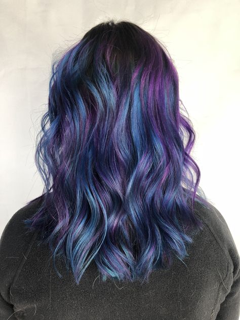 Purple And Blue Oil Slick Hair, Grey Purple Blue Hair, Brown Purple Blue Hair, Deep Blue And Purple Hair, Dark Brown Hair With Blue And Purple Highlights, Blue And Purple Hair Medium Length, Purple And Teal Hair Highlights, Fantasy Color Highlights, Blue Balayage On Brown Hair