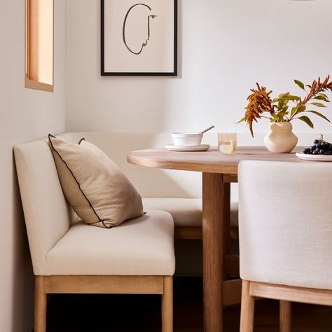 Build Your Own - Hargrove Banquette | West Elm Hargrove Banquette, Small Banquette Seating In Kitchen, Small Banquette Seating, Small Banquette, Wood Banquette, Banquette Ideas, Corner Dining Bench, Corner Banquette, Dining Corner