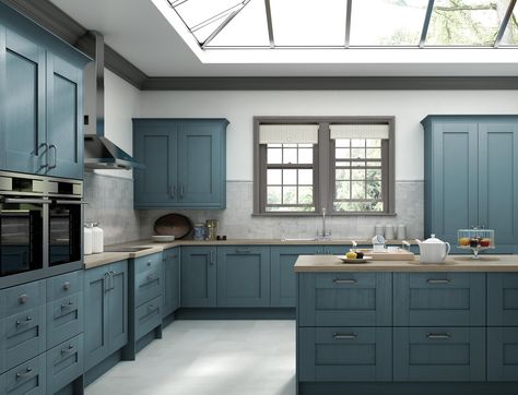 Kensington in 'Blue' Wren Blue Kitchen, Howdens Dusk Blue Kitchen, Blue Range Cooker Kitchen, Wren Indigo Blue Shaker Kitchen, Howdens Marine Blue, Cabinets Colors, Oak Worktop, Dark Blue Kitchens, Oak Worktops