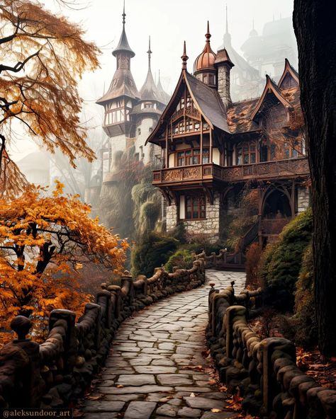 Autumn Fantasy Aesthetic, Autumn Architecture, Fantasy Autumn, Planet Coaster, Fairytale House, Fantasy Town, Forest Cabin, Unusual Homes, Fairytale Fantasy