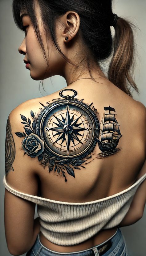 A girl's shoulder blade adorned with a detailed tattoo featuring a compass and a ship. The compass needle points towards the ship, surrounded by artistic floral and nautical elements, symbolizing personal guidance and journey in life Navigation Tattoo Design, Compass And Ship Tattoo, Compass Neck Tattoo, Compass Shoulder Tattoo, Ship Tattoo Design, Compass Tattoo Feminine, Tattoo On The Shoulder, Nail Art Tattoo, Tattoo Hair