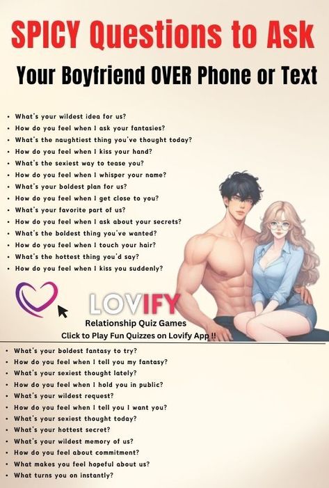 a poster with the words SPICY Questions to Ask Your Boyfriend OVER Phone or Text T Or D Questions Over Text, T Or D Questions, Spicy Questions To Ask, Boyfriend And Girlfriend Kissing, Couple Quiz Questions, Spicy Questions, Fun Couples Quiz, Couple Quiz, Funny Truth Or Dare