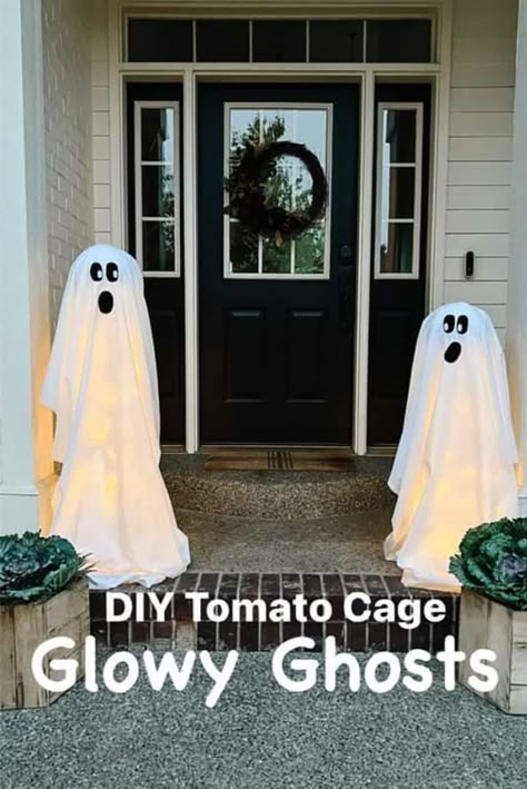 Halloween Craft With Tomato Cage, Halloween Decorations Using Tomato Cages, Sheet Ghost Tomato Cage, Halloween Ghost Made From Tomato Cage, Diy Halloween Light Up Ghost, Diy Crafts Using Tomato Cages, Halloween Decor With Tomato Cages, Tomato Cage Light Up Ghost, Ghost Out Of Tomato Cage