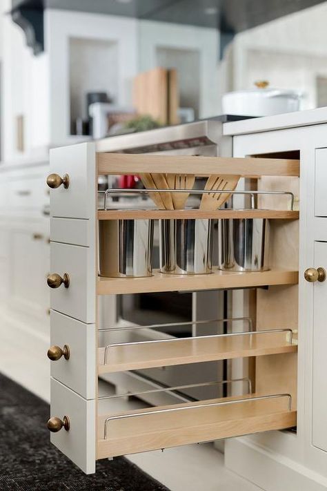 Utensil Cabinet, White Marble Backsplash, Gray Shaker Cabinets, L Shaped Shelves, White Upper Cabinets, Green Shelves, Light Gray Cabinets, White Wall Tiles, Shaker Kitchen Cabinets