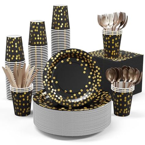 Black and Gold Party Supplies - 350 PCS Disposable Dinnerware Set - Black Paper Plates Napkins Cups, Gold Plastic Forks Knives Spoon for Halloween, Graduation, Birthday, Cocktail Party College Graduation Decorations, Birthday Cocktail Party, Black And Gold Party, Gold Plastic Silverware, Birthday Cocktail, Gold Graduation Party, Foil Number Balloons, Grad Party Decorations, Gold Dinnerware