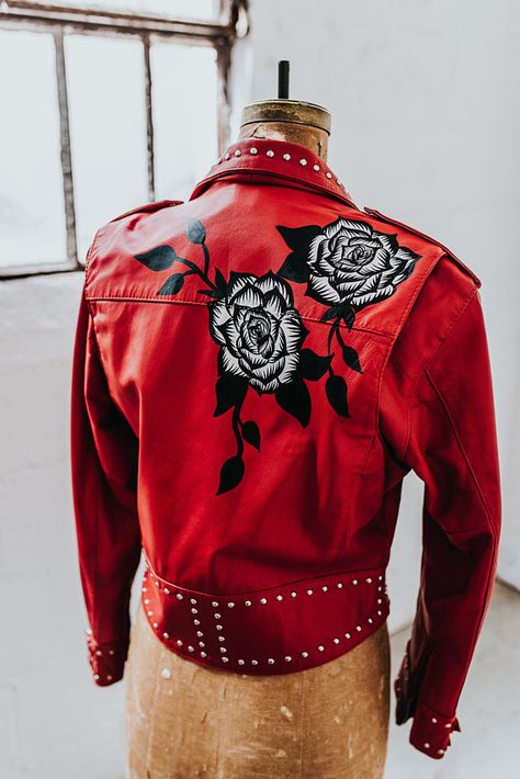 Hand Painted Red Vintage Leather Jacket by Once Upon a Laurén Vintage Leather Motorcycle Jacket, Painted Leather Jacket, Gender Fluid Fashion, Custom Leather Jackets, Leather Scrap, Hand Painted Roses, Masculine Style, Rock Outfits, Hand Painted Leather