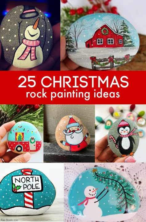 Rock Painting Ideas For Kids, Christmas Rock Painting Ideas, Christmas Rock Painting, Paintings Christmas, Painting Ideas For Kids, Christmas Pebble Art, Rock Painting Supplies, Painting Ideas Easy, Rock Painting Tutorial